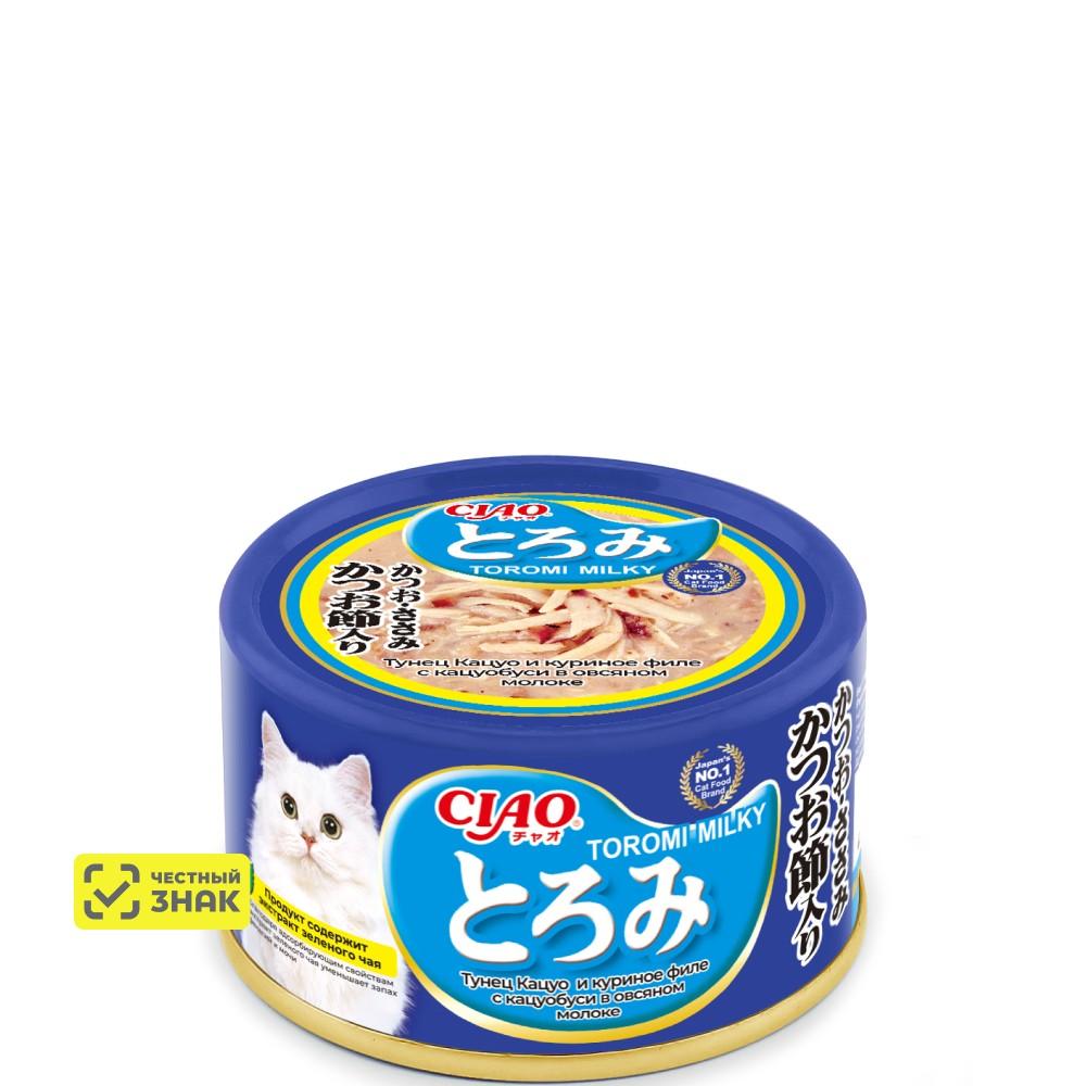 INABA CIAO Toromi Влажный корм (консервы) для кошек, тунец кацуо, куриное филе с кацуобуси в овсяном молоке, 80 гр.