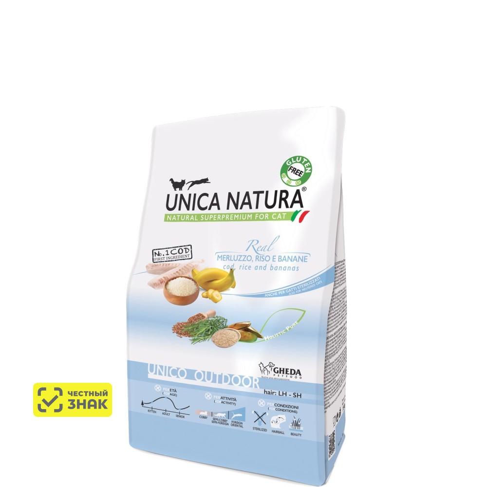 UNICA Natura Unico Outdoor Сухой корм для кошек, с треской, рисом и бананами, 350 гр.