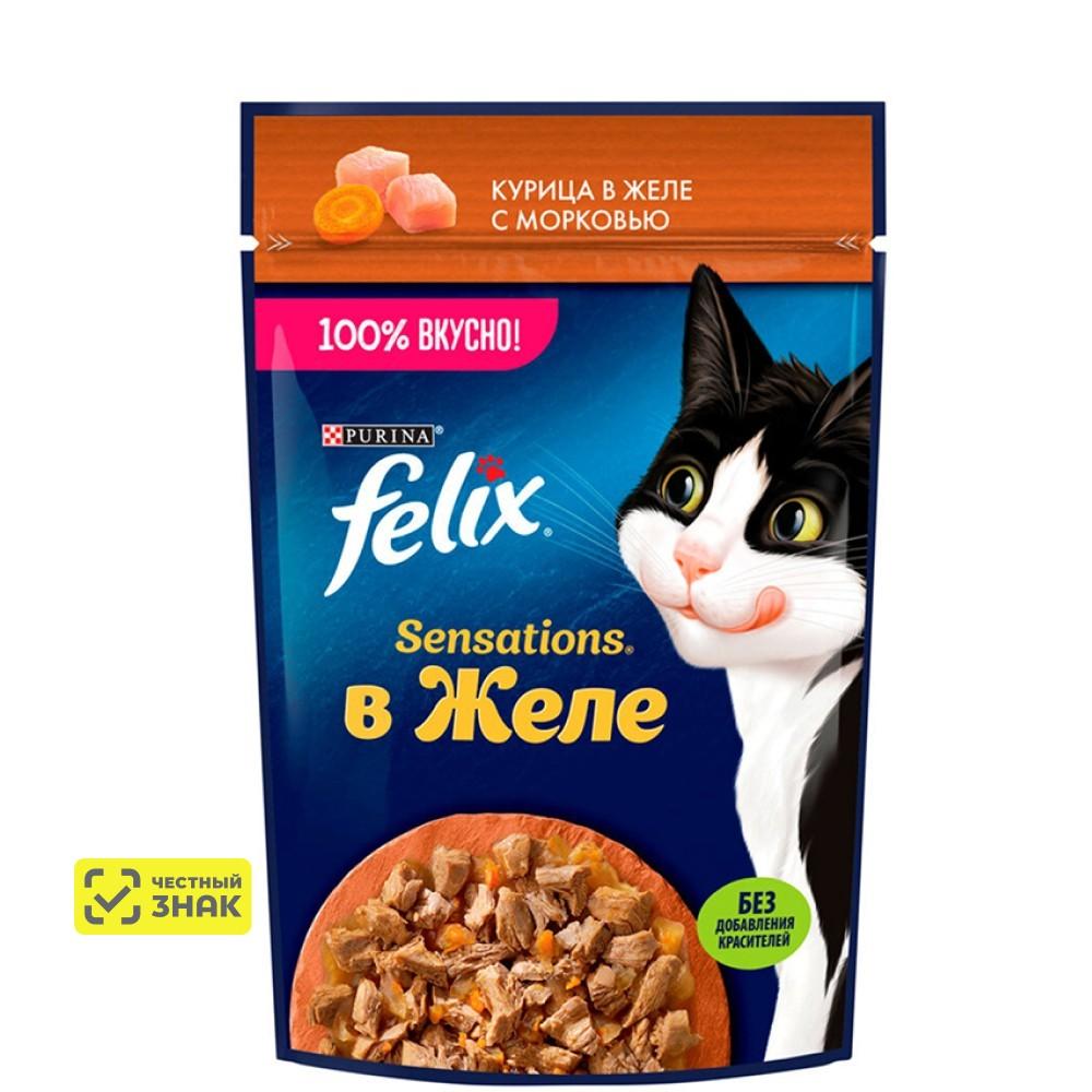 Felix Sensations Влажный корм (пауч) для взрослых кошек, с курицей в желе с морковью, 75 гр.