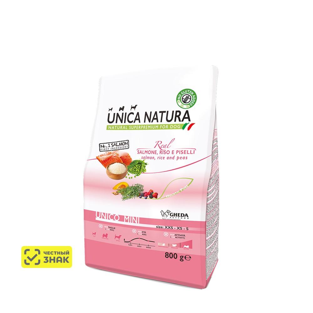 UNICA Natura Mini Сухой корм для собак мелких пород, с лососем, рисом и горохом, 800 гр.