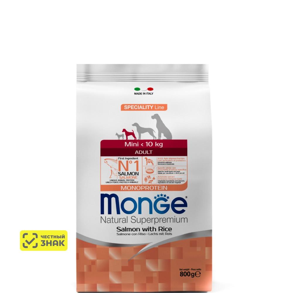 Monge Mini Adult Monoprotein Сухой корм для взрослых собак мелких пород, с лососем и рисом, 800 гр.