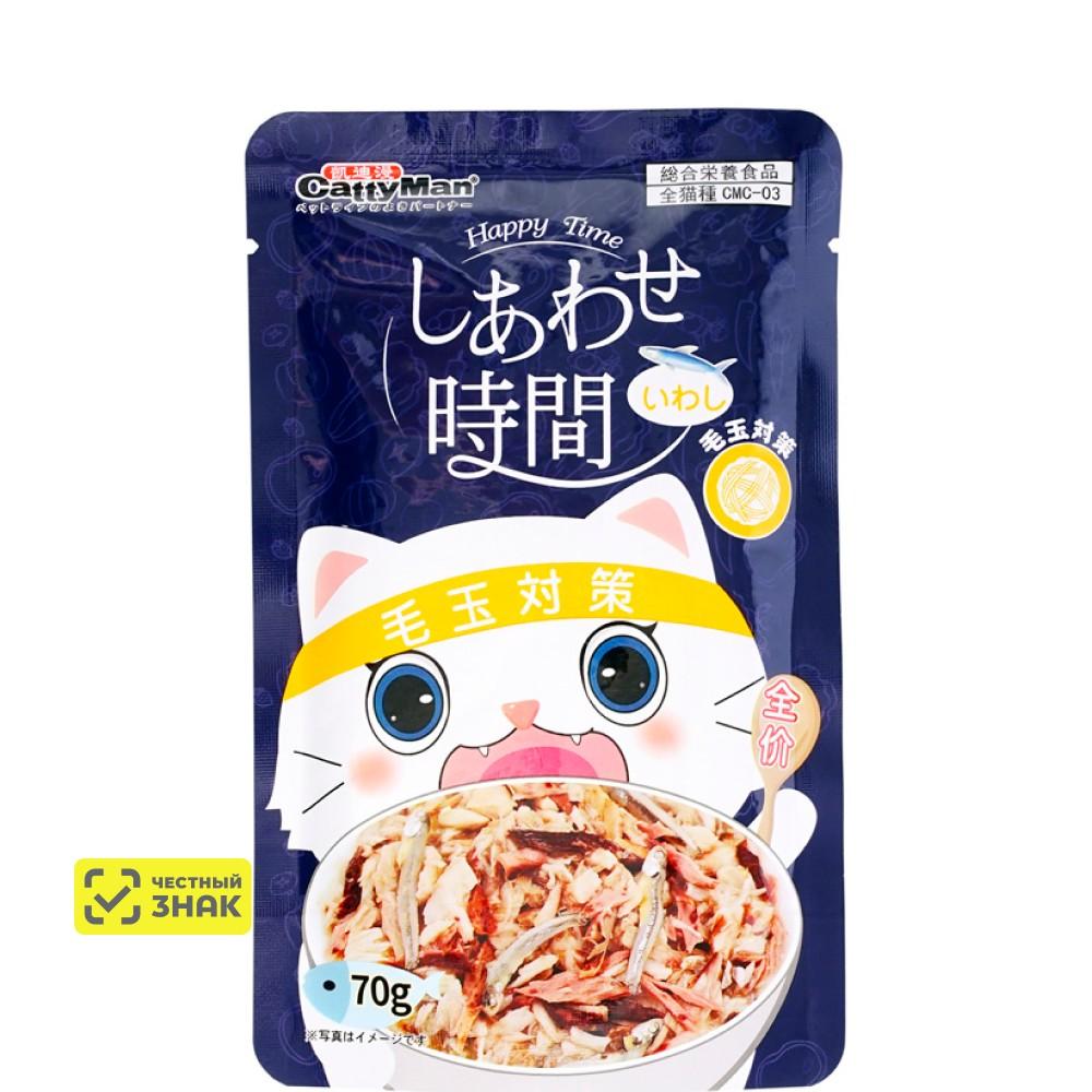 CATTYMAN Влажный корм (пауч) для вывода шерсти у кошек и котят, на основе тихоокеанского тунца и сардины, 70 гр.