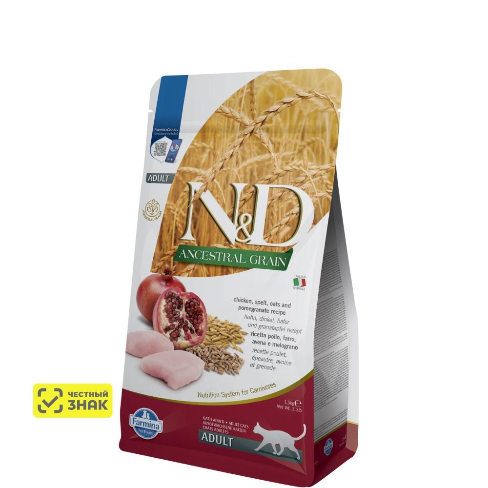 Farmina ND Ancestral Grain Сухой корм для взрослых котов и кошек, курица, спельта, овес и гранат, 1,5 кг