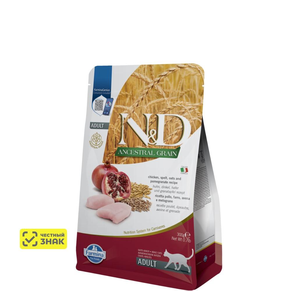Farmina ND Ancestral Grain Сухой корм для взрослых котов и кошек, курица, спельта, овес и гранат, 300 гр.