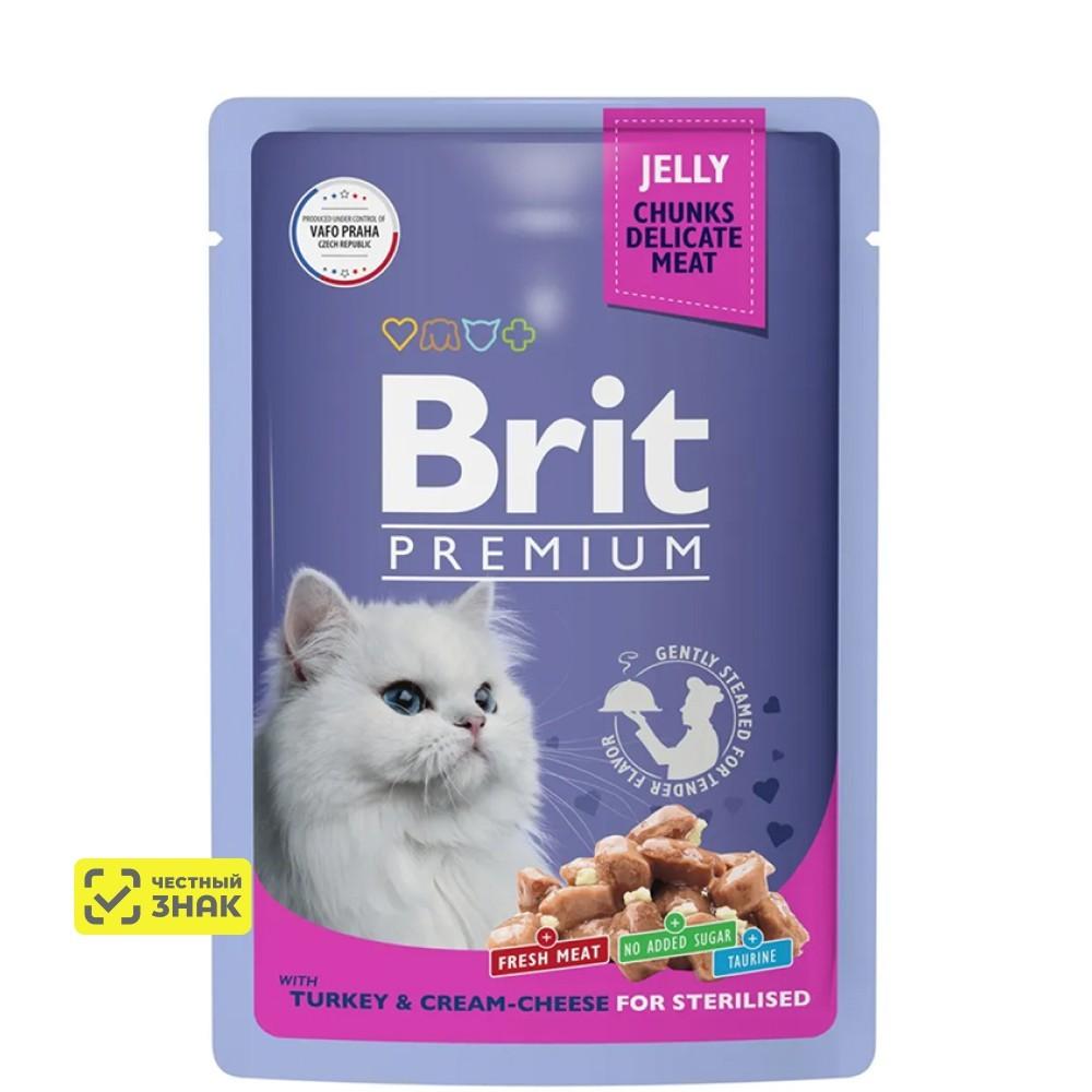 Brit Premium Влажный корм (пауч) для взрослых стерилизованных кошек, с индейкой и сыром в желе, 85 гр.